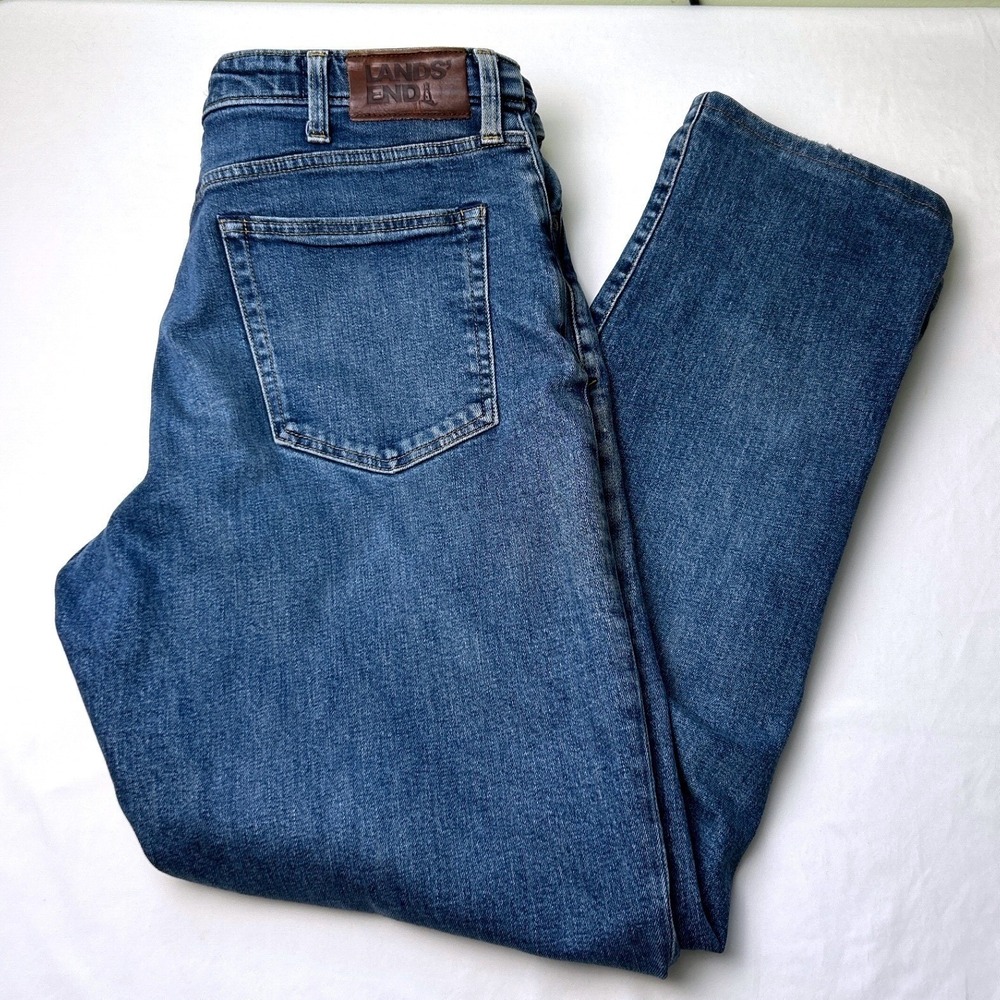 Lands End Men Square Rigger Traditional Fit Medium Wash Jeans Size 38x32 Stretch